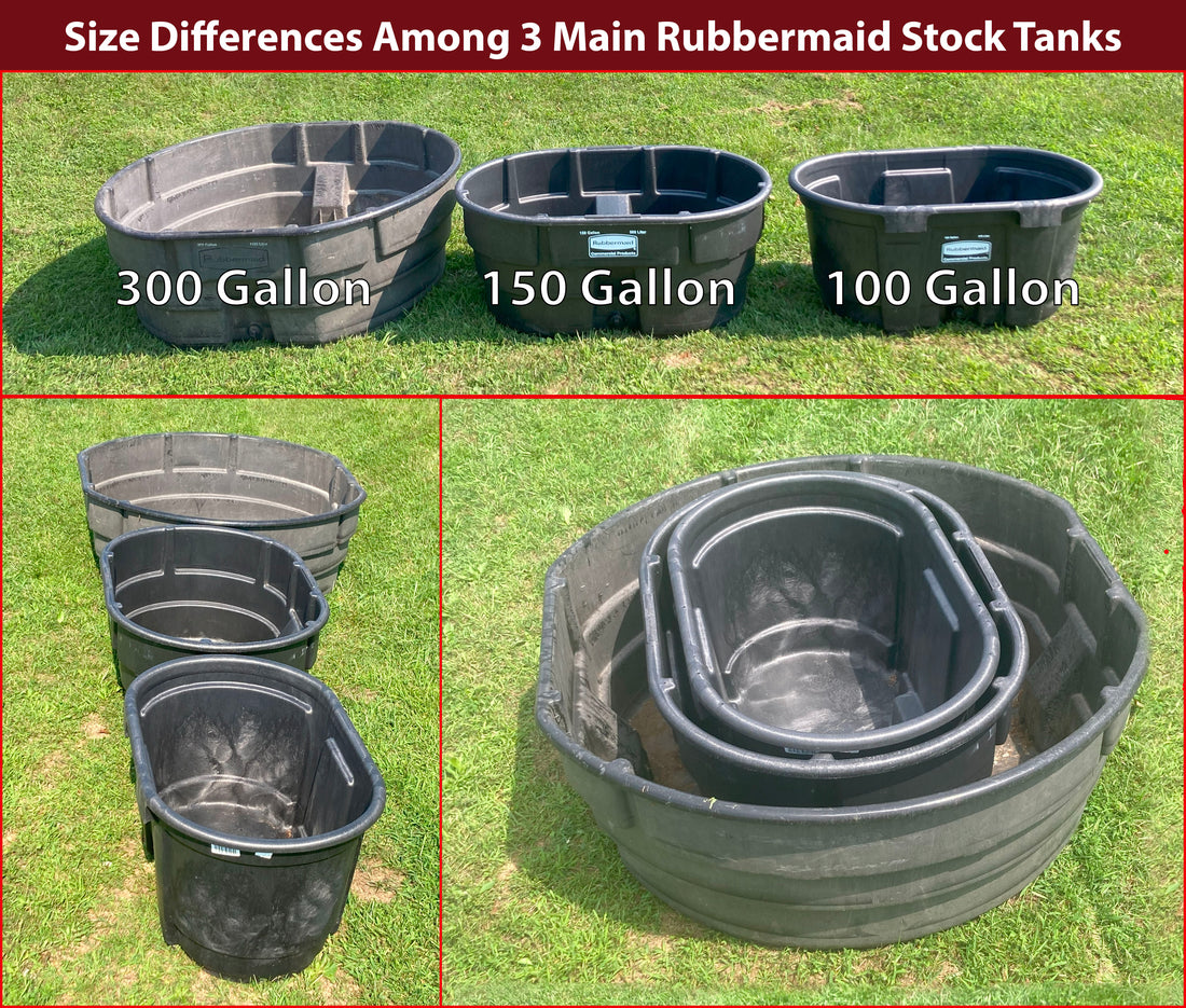 Three different sized Rubbermaid stock tanks